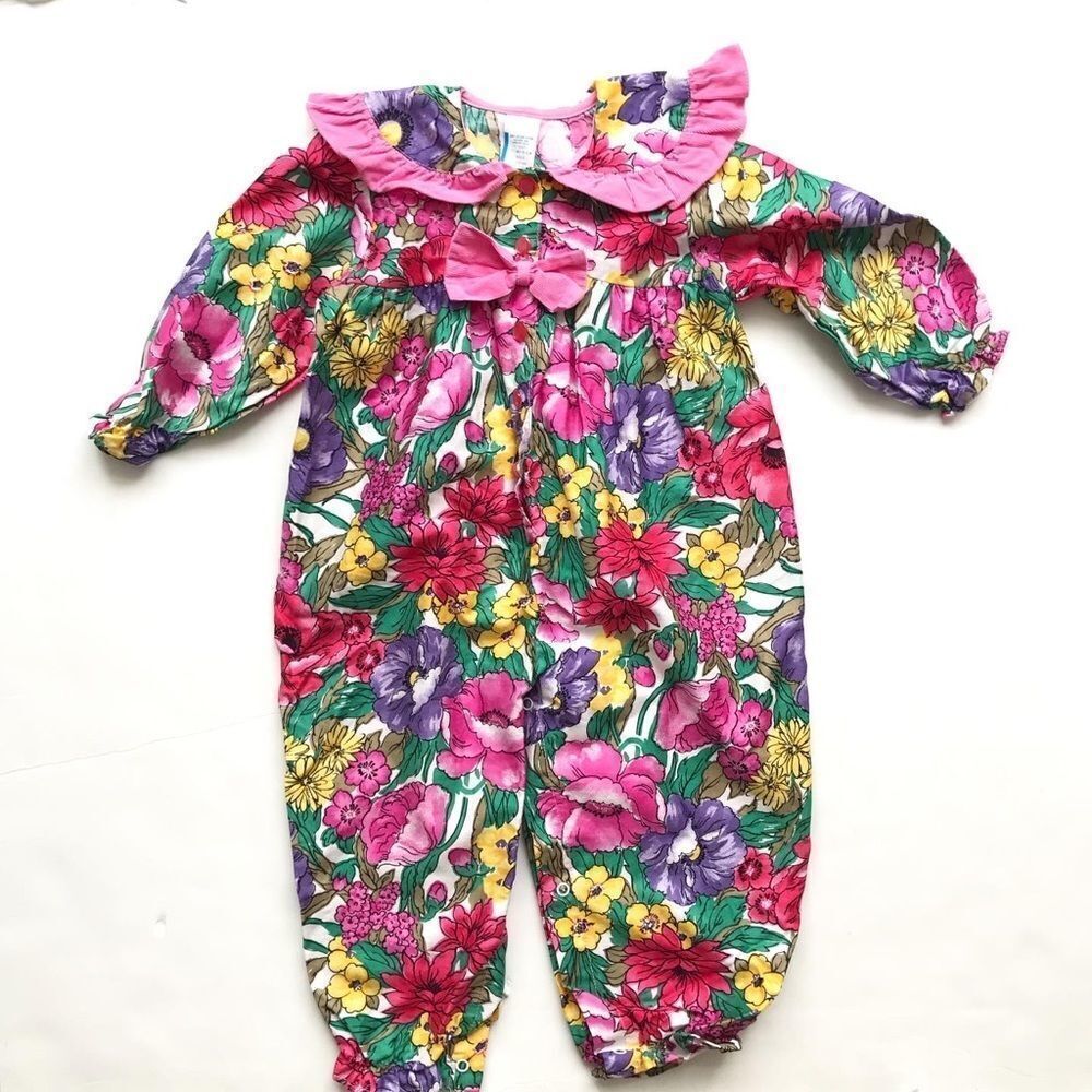 Vintage Floral print ruffle collar jumpsuit EUC 24 months